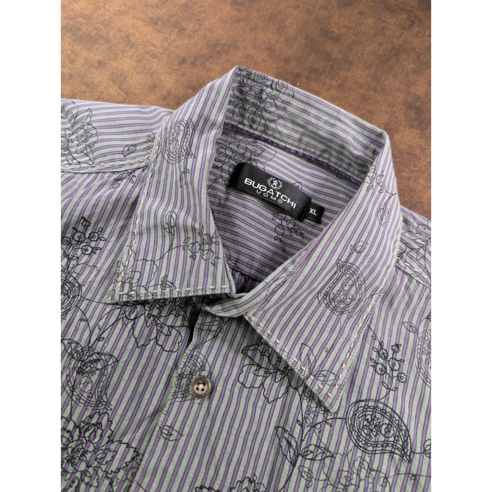 Bugatchi Uomo Mens XL‎ Purple Grey Striped Floral Paisley Button Down Shirt LS